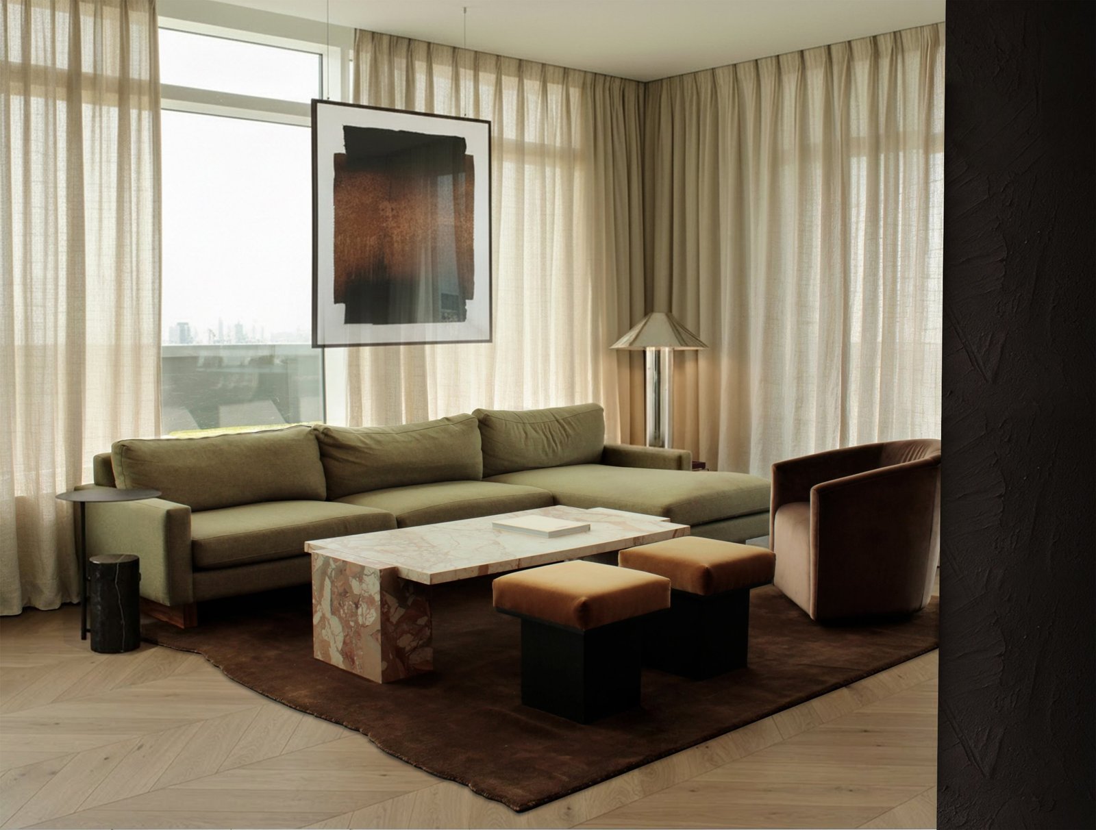Living room with an olive sectional and linen curtains